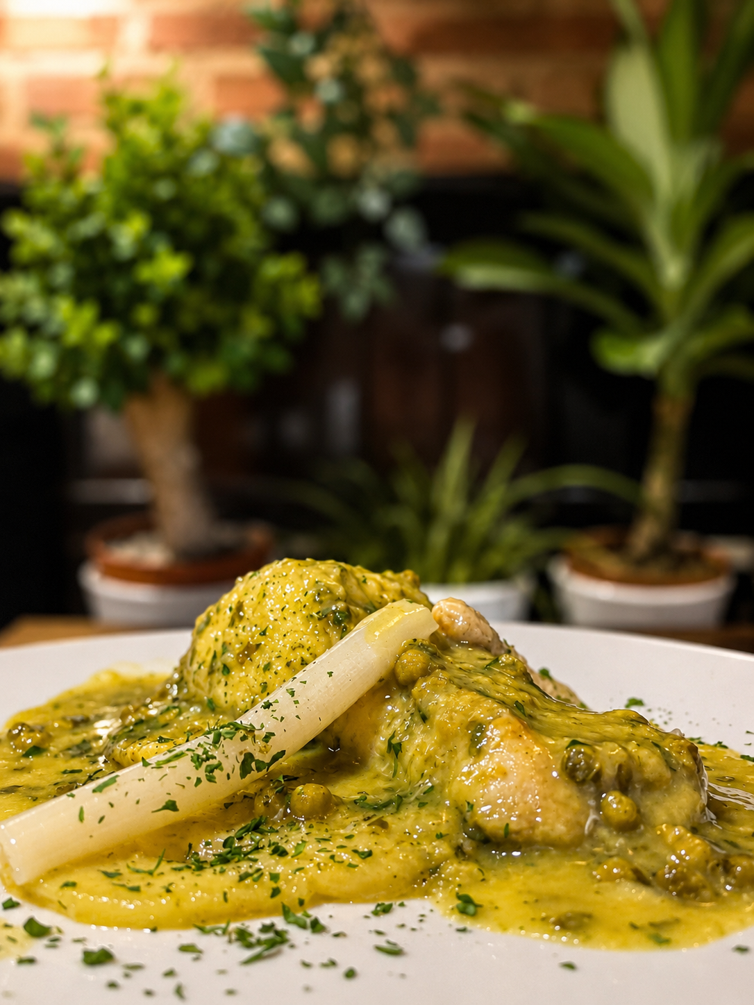 Pollo en salsa verde casera en Romayka de David Aguilar, restaurante en Pinto