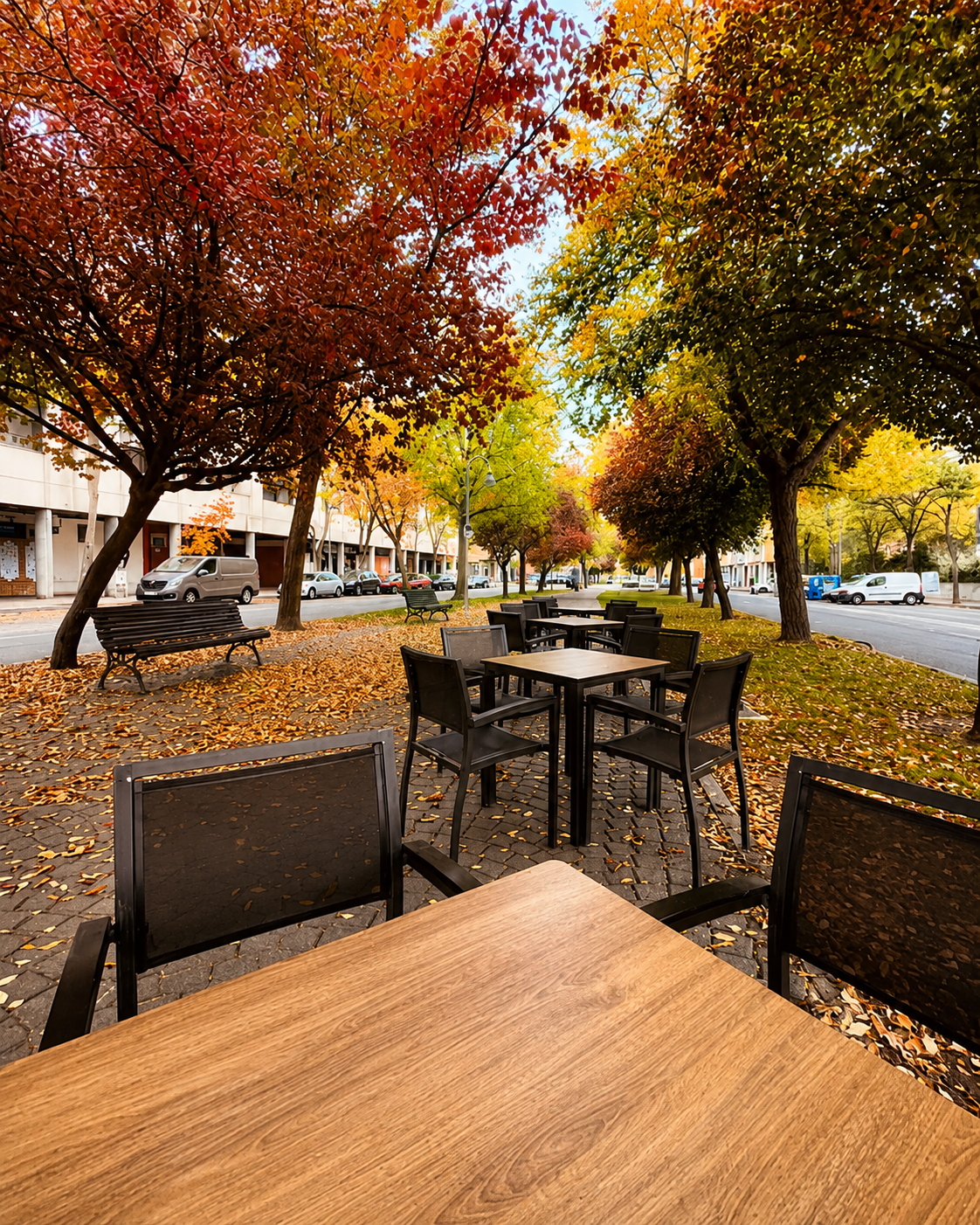 Terraza de Restaurante Cafetería Romayka en Pinto en ambiente de otoño